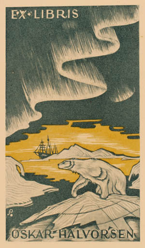 Exlibris by Henry Schjærven from Norway for Oskar Halvorsen - Mountain Fauna Maritime Ship/Boat 