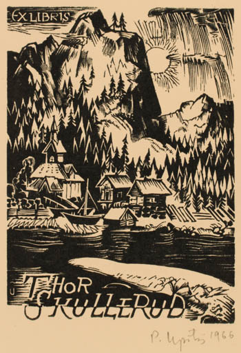 Exlibris by Peteris Upitis from Latvia for Thor Skullerud - Mountain Flower Scenery/Landscape 