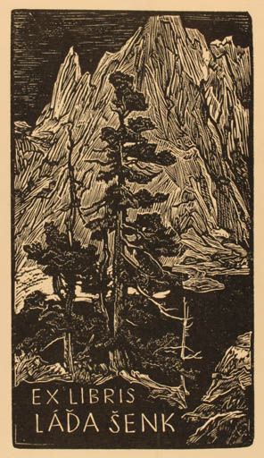 Exlibris by Jaroslav Vodrazka from Czechoslovakia for Láda Senk - Mountain Scenery/Landscape Tree 