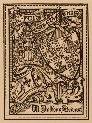 Exlibris by S. Baring Gould from Great Britain for W. B. Stewart - Fable Animal Heraldry Regent/royalty Ship/Boat Weapon 