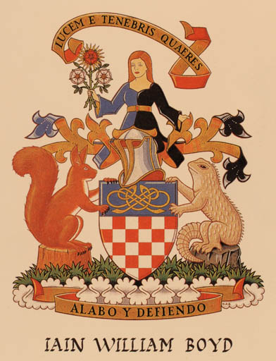 Exlibris by Roger Barnes from New Zealand for Iain William Boyd - Flower Fauna Heraldry Woman 