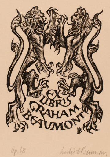 Exlibris by Leslie Benenson from Great Britain for Graham Beaumont - Fauna Heraldry 