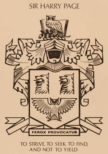 Exlibris by Sidney Harley from Great Britain for Sir Harry Page - Heraldry Owl 