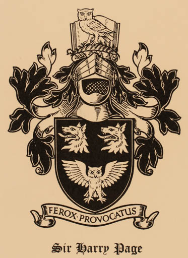 Exlibris by Sidney Harley from Great Britain for Sir Harry Page - Heraldry Owl 