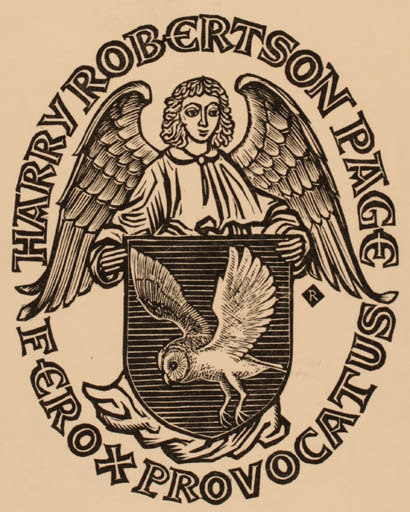 Exlibris by Pam Georg Rueter from Netherland for Harry Robertson Page - Angel Heraldry Owl 