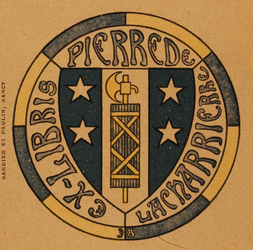 Exlibris by Edmond des Robert from France for Pierre De Lacharrierre - Heraldry 