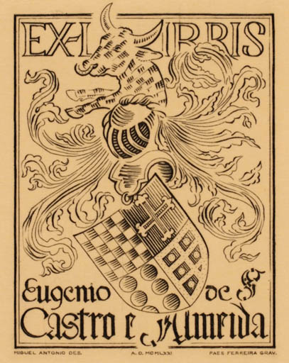 Exlibris by D. Miguel Antonio do Carmo de Noronha de Paiva Couceiro from Portugal for Eugenio de Castro Almeida - Heraldry 