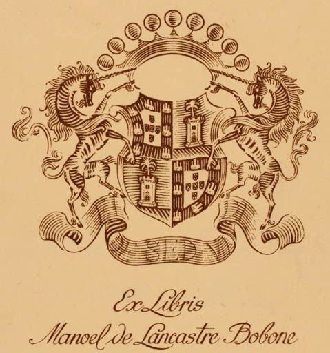 Exlibris by D. Miguel Antonio do Carmo de Noronha de Paiva Couceiro from Portugal for Manoel de Lancastre Bobone - Unicorn Heraldry 