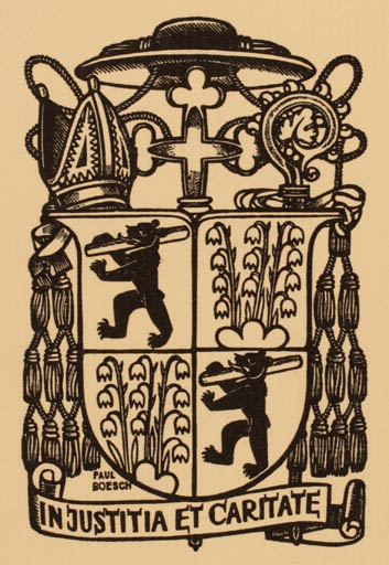 Exlibris by Paul Boesch from Schwitzerland for ? Injustitia Et Caritate - Heraldry 