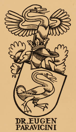 Exlibris by Paul Boesch from Schwitzerland for Dr. Eugen Paravicini - Bird Heraldry 