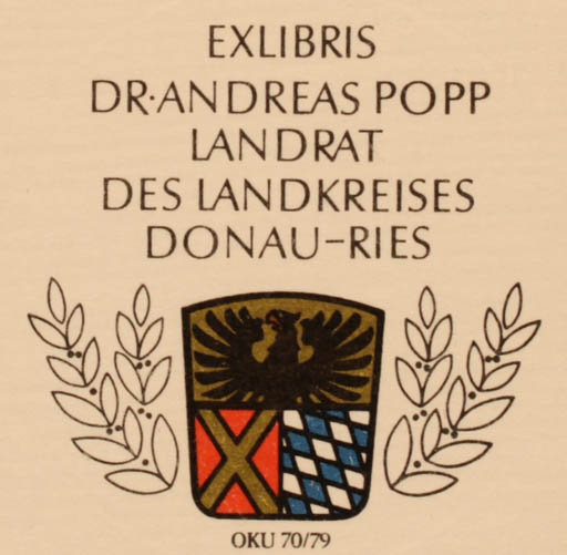 Exlibris by Otto Kuchenbauer from Germany for Dr. Andreas Popp - Heraldry 