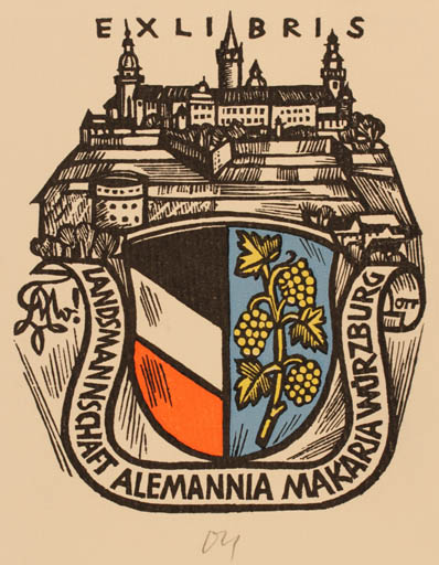 Exlibris by Herbert S. Ott from Germany for ? Landsmannschaft Alemannia Makaria Würzburg - Castle/Palace Heraldry 