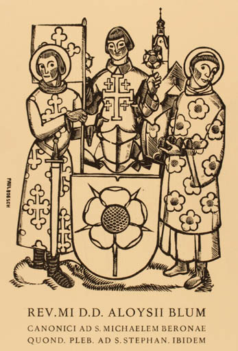 Exlibris by Paul Boesch from Schwitzerland for Rev. Mi D.D. Aloysii Blum - Heraldry 