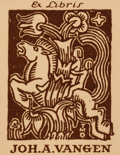Exlibris by Trygve M Davidsen from Norway for Joh. A. Vangen - Horse Horseman/Rider 