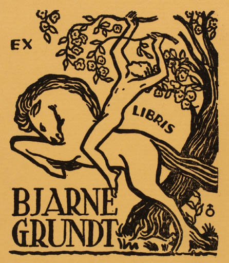 Exlibris by Albert Jaern from Norway for Bjarne Grundt - Horse Horseman/Rider 