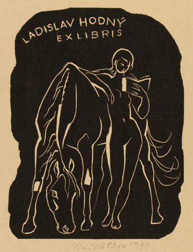 Exlibris by Emil Katrba from Czechoslovakia for Ladislav Hodny - Horse Woman 