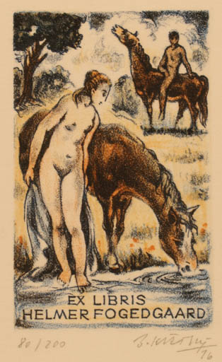 Exlibris by Bohumil Kratky from Czechoslovakia for Helmer Fogedgaard - Horse Woman Nude Couple 