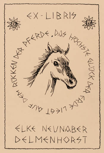 Exlibris by Bernhard Kuhlmann from Germany for Elke Neunaber - Horse 