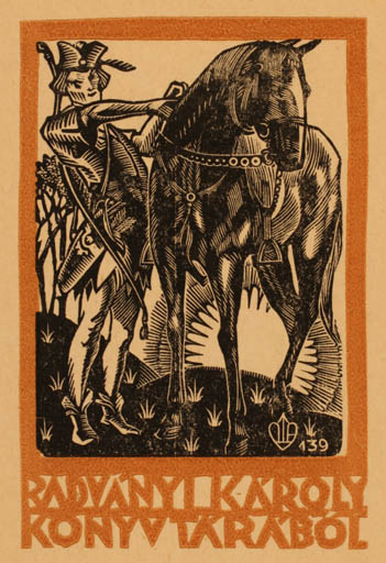 Exlibris by Arpad Daniel Nagy from Hungary for Karoly Radvanyi-Roman - Horse Horseman/Rider Sun 