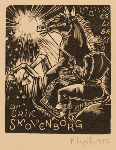 Exlibris by Peteris Upitis from Latvia for Erik Skovenborg - Horse Horseman/Rider Sun 