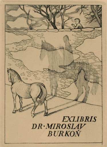 Exlibris by Karel Zeman from Czechoslovakia for Dr. Miroslav Burkon - Horse Horseman/Rider Surrealism 