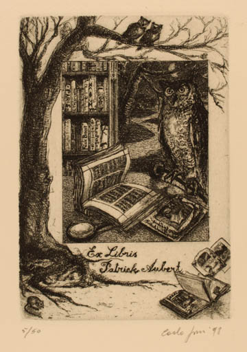 Exlibris by Carla Fusi from Italy for Patrick Aubert - Book Owl 