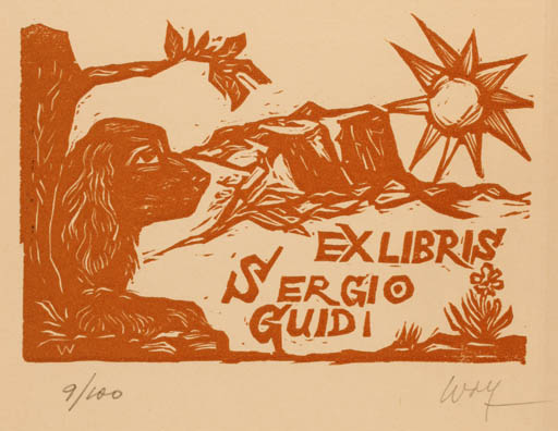 Exlibris by Remo Wolf from Italy for Sergio Guidi - Dog Scenery/Landscape 