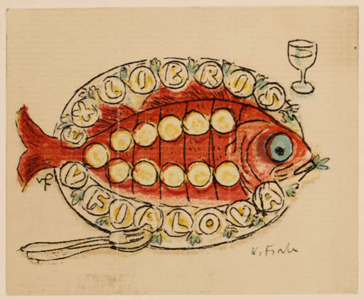 Exlibris by Vaclav Fiala from Czech Republic for V. Fialova - Fish Food Wine 