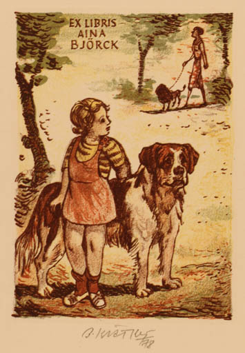 Exlibris by Bohumil Kratky from Czechoslovakia for Aina Björck - Child Dog 