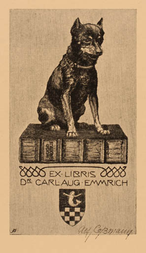 Exlibris by Alfred Cossmann from Austria for Dr. Carlaug Emmrich - Book Dog 