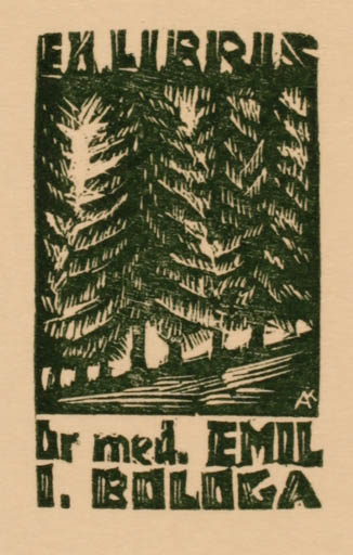 Exlibris by Kàroly Andrusko from Yugoslavia for Dr. Emil I. Bologa - Forest 