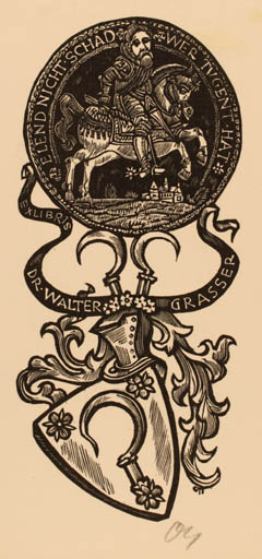 Exlibris by Herbert S. Ott from Germany for Walter Grasser - Heraldry Horse Knight 