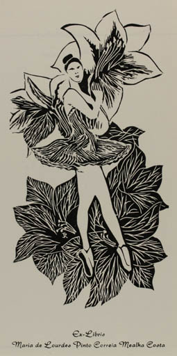 Exlibris by Jacques Rasdolsky from Belgium for deLourdes Pinto Correia Mealha, Maria Costa - Flower Dancing Woman 