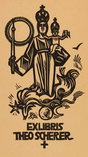Exlibris by P. Bernhard Flüeler from Schwitzerland for Theo Scherer - Madonna 