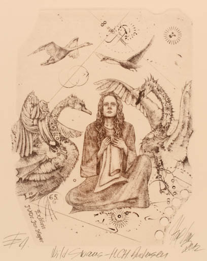 Exlibris by Günter Hujber from Czech Republic for JUDr. Jan Heger - Fairytale/fable Bird Woman Literature 