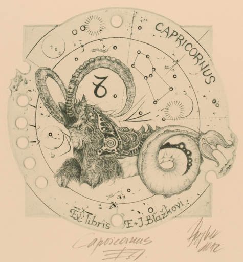 Exlibris by Günter Hujber from Czech Republic for E. og J. Blazkovi - Fable Animal Cosmos 