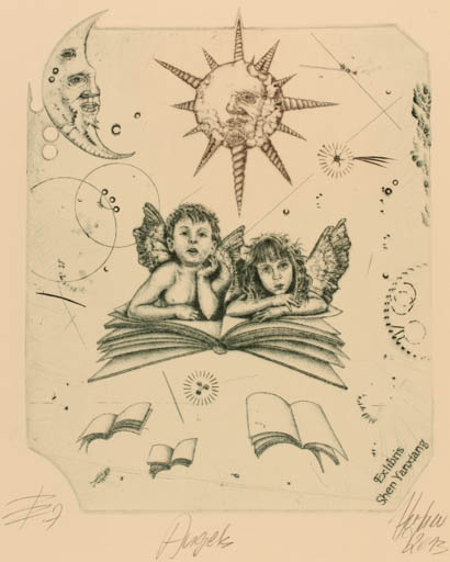 Exlibris by Günter Hujber from Czech Republic for Shen Yanxiang - Angel Cosmos 