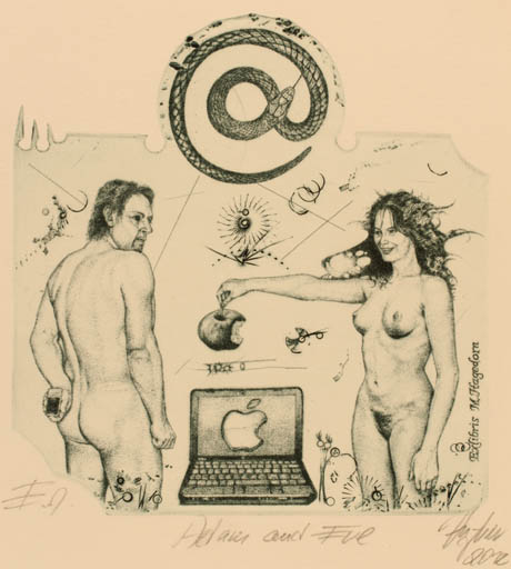 Exlibris by Günter Hujber from Czech Republic for Marietta Hagedorn - Adam and Eve Religion Technology 