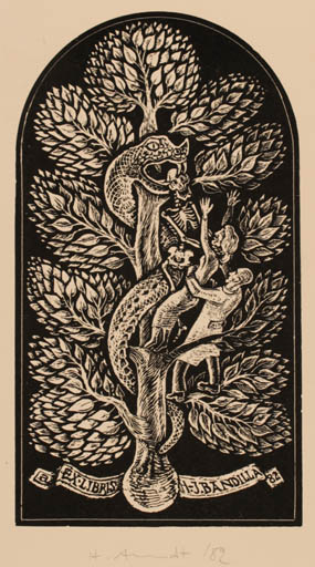 Exlibris by Helmut Arndt from Germany for Hans-Joachim Bandilla - Death Fauna Flora Woman 