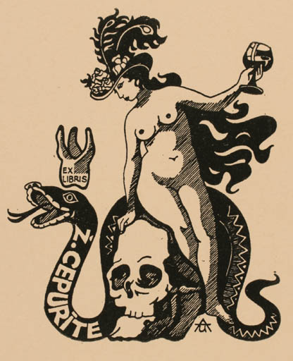 Exlibris by U. Asarmis from Latvia for Z. Cepurite - Death Fauna Woman 