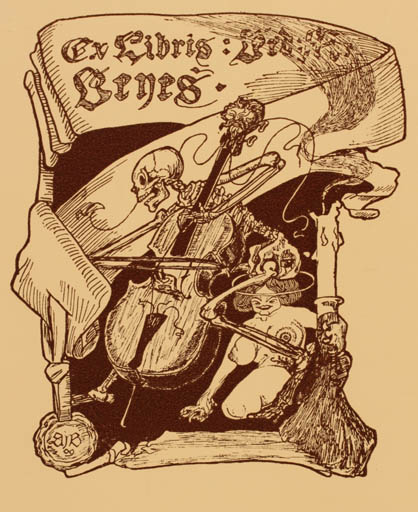 Exlibris by Walter Ben from Czechoslovakia for Dr. E. Benes - Death Jugend Woman Music 