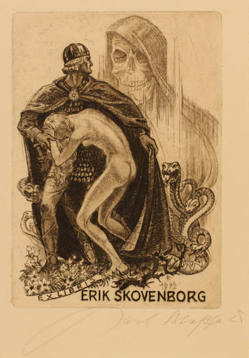 Exlibris by Karl Blossfeld from Germany for Erik Skovenborg - Death Fauna Woman Knight 