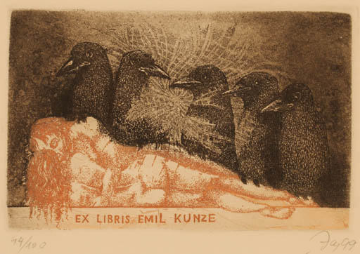 Exlibris by Nijole Saltenyte from Lithuania for Dr. Emil Kunze - Bird Nude Couple 