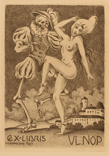 Exlibris by Viteslav Fleissig from Czech Republic for Vladim Nop - Dancing Death Woman Nude 