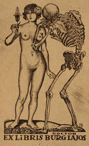 Exlibris by Arnold Gara from Hungary for Dr. Lajos Burg - Death Woman Nude 