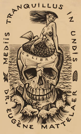 Exlibris by Gerard Gaudaen from Belgium for Dr. Eugène Mattelaer - Death Mermaid 