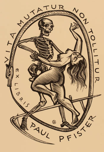 Exlibris by Gerard Gaudaen from Belgium for Paul Pfister - Dancing Death Woman 