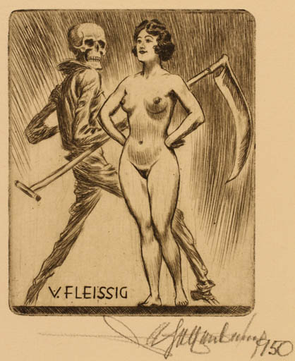 Exlibris by Walter Helfenbein from Germany for Viteslav Fleissig - Death Woman Nude 