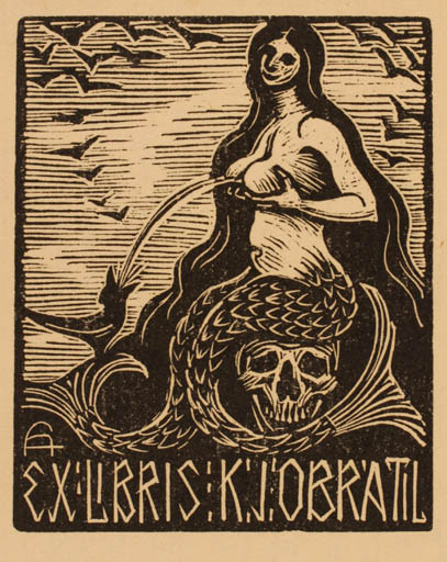 Exlibris by Arnost Hrabal from Czech Republic for K. J. Obratil - Death Mermaid 