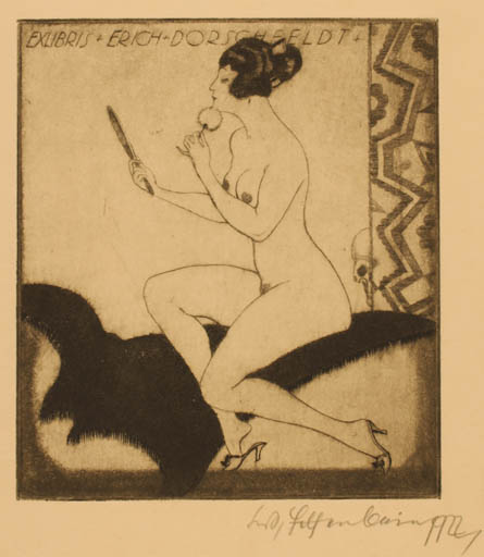 Exlibris by Walter Helfenbein from Germany for Erich Dorschfeldt - Death Woman Nude 